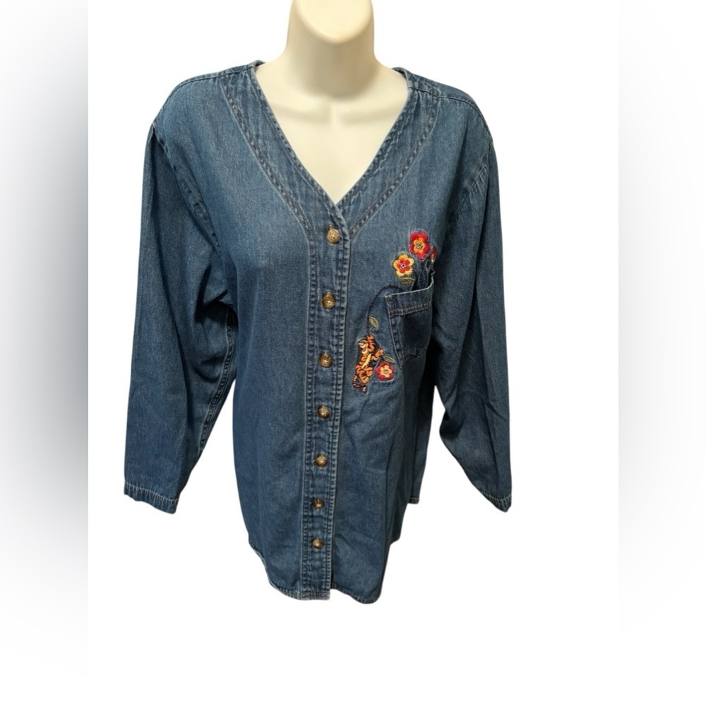VTG Pooh Woman V Neck Denim Top Blouse Sz 18W/20W Embroidery Pocket 3/4 Sleeve